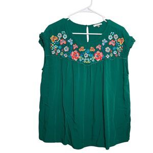Jodiful Blouse Women's Medium Green Floral Embroidered Boho Colorful Artsy Top